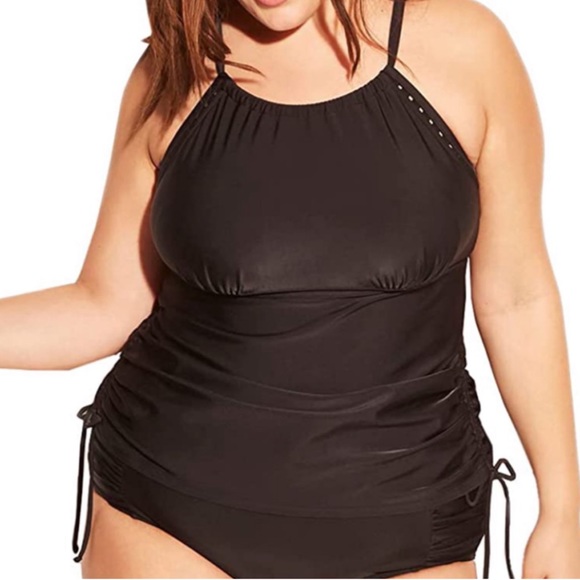 Kona Sol Other - Kona Sol Black High Neck Side Tie Tankini Swim Top Plus Size 14W